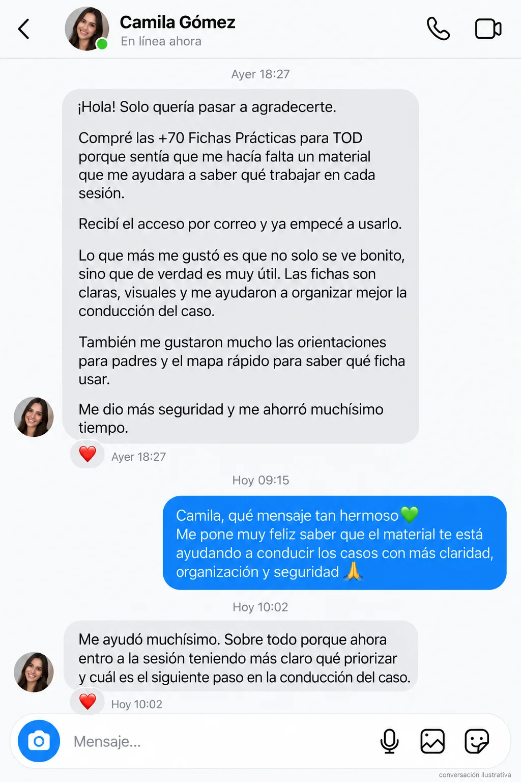 Captura de conversación de una psicóloga sobre las fichas prácticas para TOD